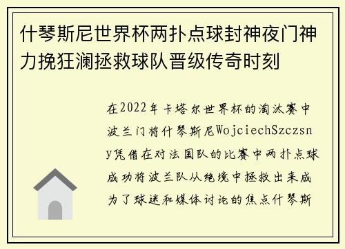什琴斯尼世界杯两扑点球封神夜门神力挽狂澜拯救球队晋级传奇时刻