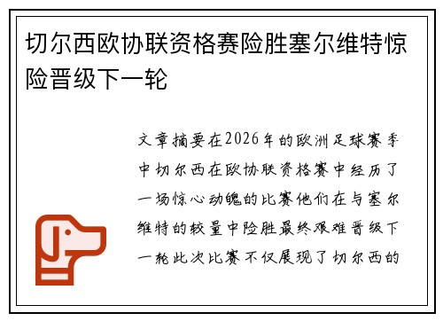 切尔西欧协联资格赛险胜塞尔维特惊险晋级下一轮