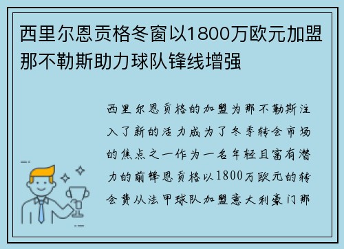 西里尔恩贡格冬窗以1800万欧元加盟那不勒斯助力球队锋线增强