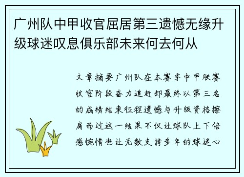 广州队中甲收官屈居第三遗憾无缘升级球迷叹息俱乐部未来何去何从